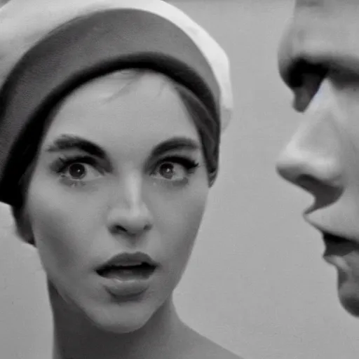 Prompt: still from a masterpiece 1 9 6 0 s french art film, very beautiful and elegant girl in beret with large eyebrows with an angry expression while talking to a man, moody lighting, viewed from afar, cinematic shot, the movie is in color