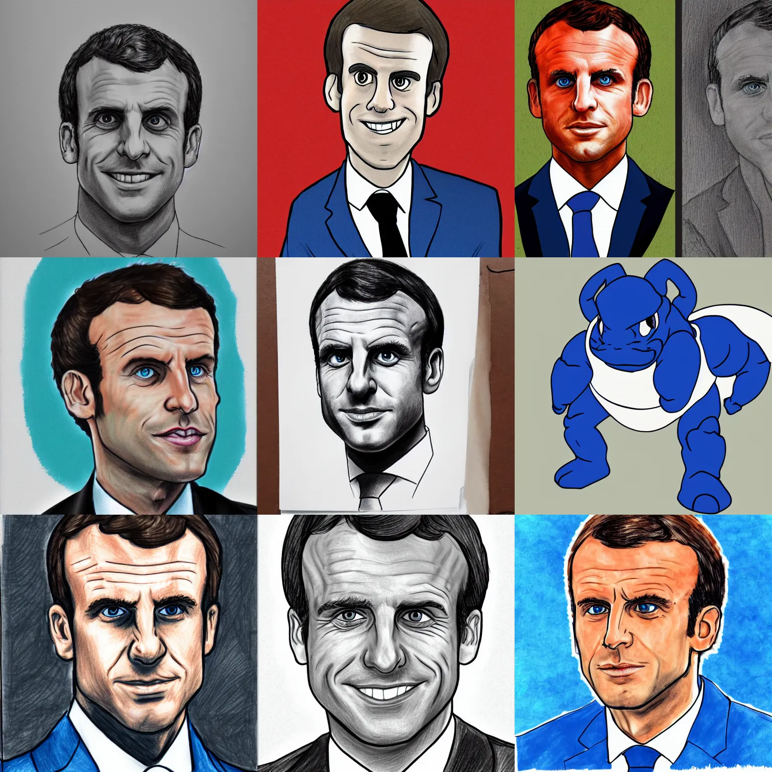 Prompt: portrait of emmanuel macron drawn in the style of blastoise