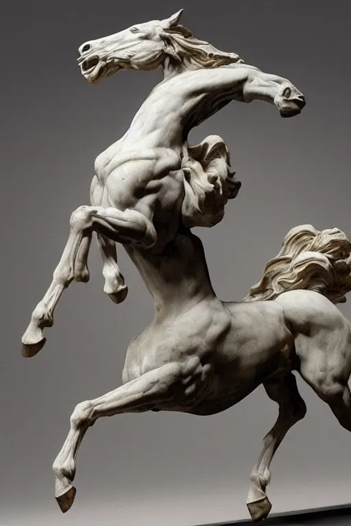 Prompt: a detailed marble sculpture of a riderless horse, galloping rearing dramatically, by michelangelo