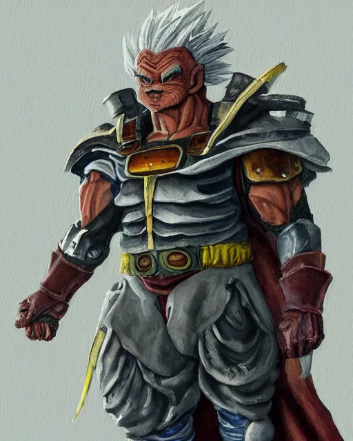 Image similar to a oil / watercolor painting full body character portrait of an old saiyan mercenary in armor in the style of moebius in the style of leonard boyarsky trending on artstation deviantart pinterest detailed photorealistic highlights and shadow hd 8 k post - processing high resolution