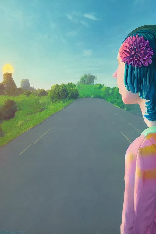 Image similar to closeup giant dahlia flower head, girl in a suit on a street, surreal photography, blue sky, sunrise, dramatic light, impressionist painting, digital painting, artstation, simon stalenhag