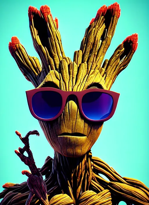 Prompt: groot rabbit sunglasses by artstation, deviantart, artfol, artbox, cgsociety, gfxartist, artful, zatista, artpal, instagram, blendernation, frank stella, beeple, giger, kopera, zawadzki, abstract, surrealism, hyperrealism, futurism 4 k, octane