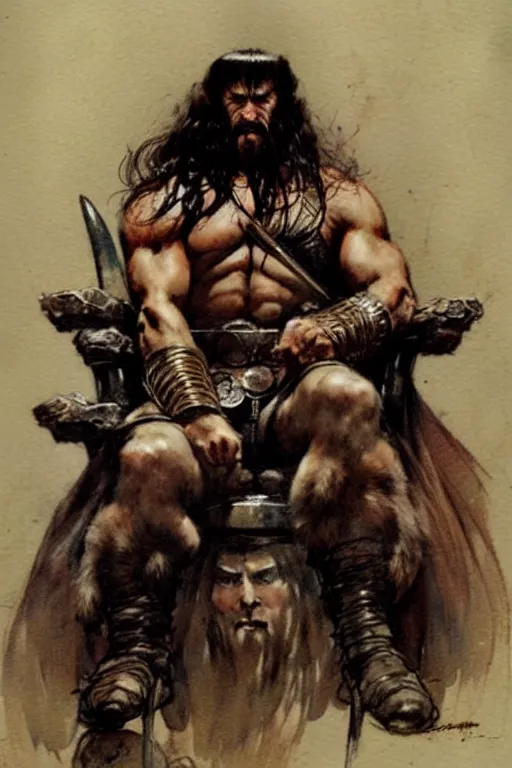 Image similar to (((((1950s king conan the barbarian sitting on his throne . muted colors.))))) by Jean-Baptiste Monge !!!!!!!!!!!!!!!!!!!!!!!!!!!