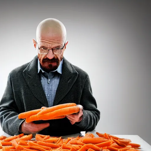 Image similar to walter white eating carrots, close up, professional photography, film still, dramatic lighting, melancholy