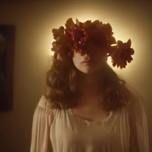 Image similar to movie still of the girl with the flowers head, cinematic composition, cinematic light, by edgar wright and david lynch