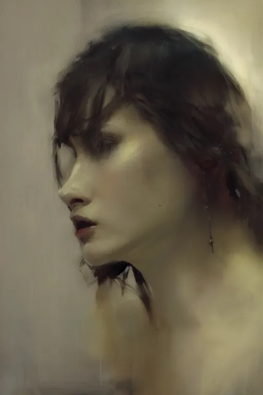 Image similar to detailed cinematic moody colors studio portrait of the melancholic memories of a sensual lady, high quality by jeremy mann, only one head single portrait