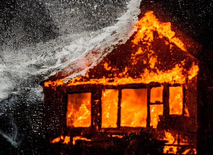 Image similar to dslr photo still of a house on fire under the water under water at the bottom of the ocean with lots of bubbles and light rays, 8 5 mm f 1. 8