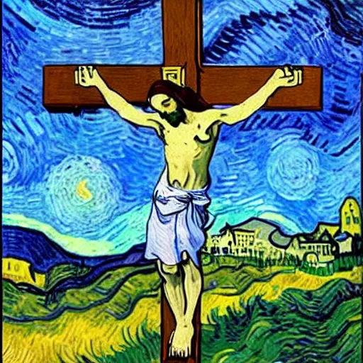 Image similar to Ja-rule appears as Jesus, crucified on cross, painting by Van Gogh