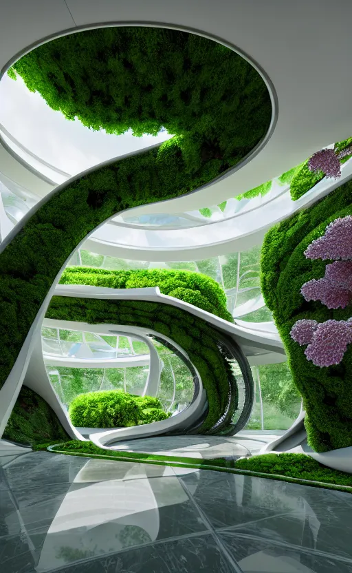 Prompt: futuristic sharp focus biophilic villa interior with secret garden, arches, fractal ceiling, magnolia flowers trees ceramic porcelain stone nebula fluid colorful architecture landscape, highly detailed, granite, marble, moss, vincent callebaut composition, mamou - mani, cinematic morning light, 8 k, unreal engine, uhd