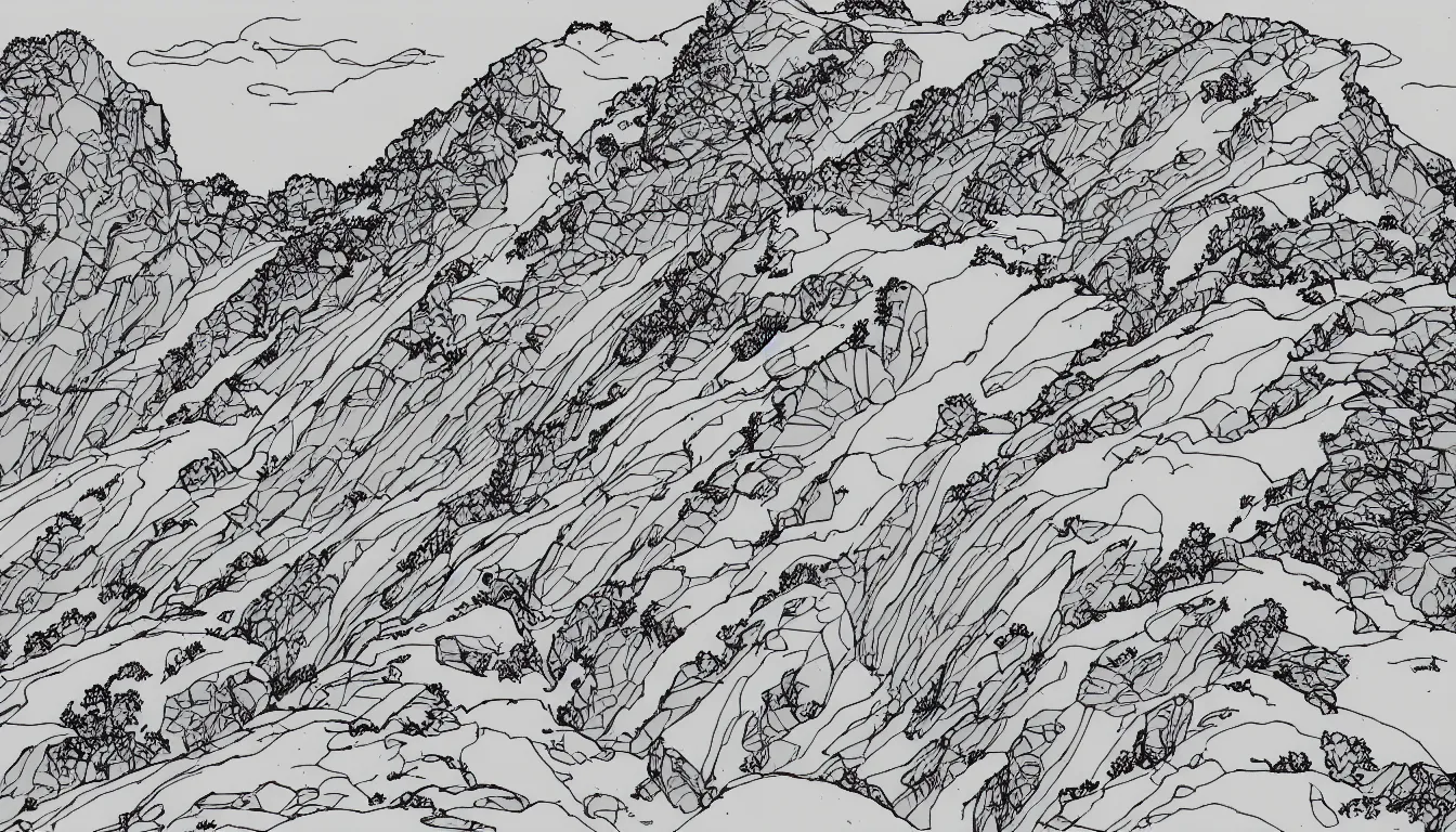 Image similar to backpacking over mountain ridgeline, minimalist line art by moebius, clean long lines, ultra detailed