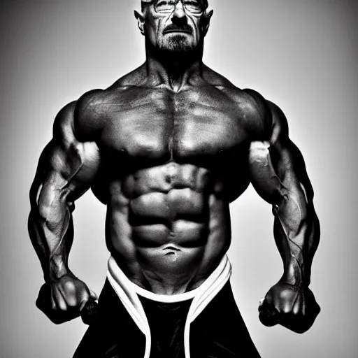 Prompt: “Walter white at a bodybuilding competition, flexing, 50mm, studio lighting, professional photography,”