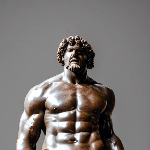 Image similar to statue of Hercules made of chocolate, in a museum, photo, 4k, intricate, detailed, smooth, crisp focus, full body, wide angle