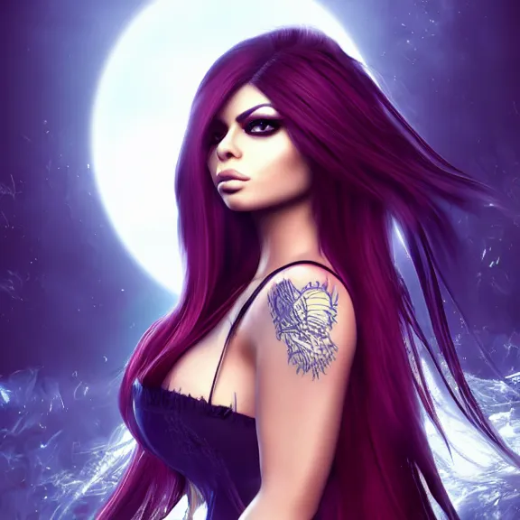 Image similar to portait of haifa wehbe, long hair centred, hd, very detailed curve, unreal engine, final fantasy style, fairy tail background