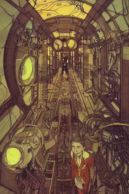 Prompt: front view on steampunk airplane hallway, kid and mad scientist walking, giant video screens, sci - fi, big interior plants, retrofuturism, concept art by mucha and moebius and victo ngai, architecture by francois schuiten, clean line, diesel punk, artstation