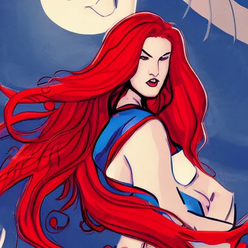 Image similar to a beautiful comic book illustration of a woman with red hair, dc comics, marvel comics, featured on artstation