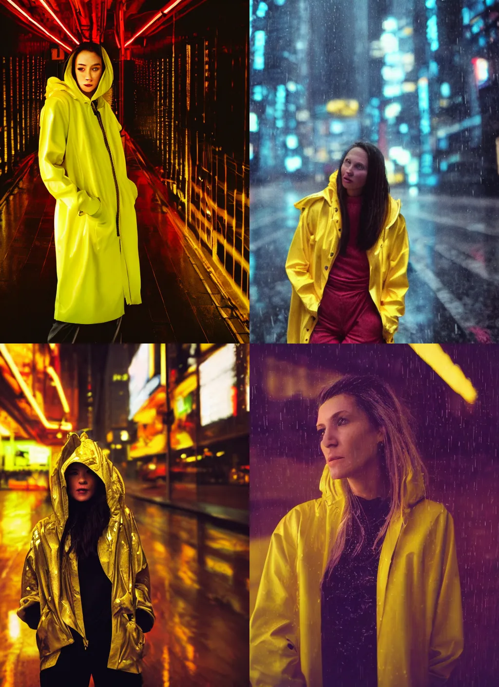 Prompt: A hyper realistic and detailed portrait head photography of a woman wearing a futuristic yellow raincoat with hoodie on a rainy day. by annie leibovitz. Neo noir style. Cyberpunk city. High quality. Cinematic. Extreme Swirly bokeh. Red neon lights and glow in the background. Cinestill 800T film. Lens flare.