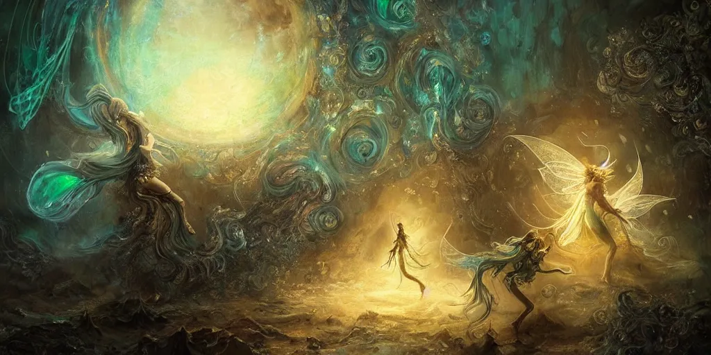 Image similar to concept art of translucent glowing fairies dancing, lovecraftian, renaissance, melting, round moon, rich clouds, fighting the horrors of the unknown, very detailed, volumetric light, mist, fine art, decaying, textured oil over canvas, epic fantasy art, very colorful, ornate intricate scales