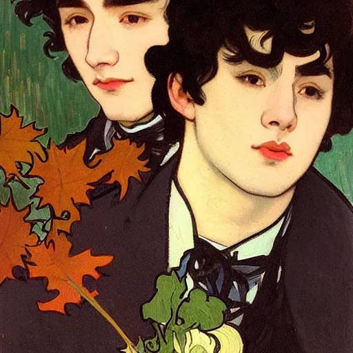 Image similar to painting of young cute handsome beautiful dark medium wavy hair man in his 2 0 s named shadow taehyung and cute handsome beautiful min - jun together at the halloween! party, bubbling cauldron!, candles!, smoke, autumn! colors, elegant, wearing suits!, clothes!, delicate facial features, art by alphonse mucha, vincent van gogh, egon schiele