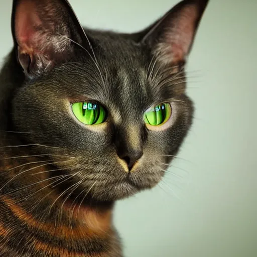 Prompt: photograph of a Dill Tortie Cat, captivating green eyes, perfect hair render, realism photo photorealistic
