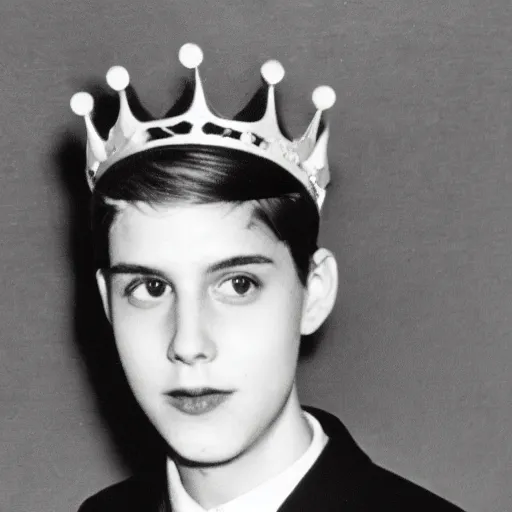 Prompt: a yearbook photo of Jughead Jones in 1966, he is wearing a felt crown on his head