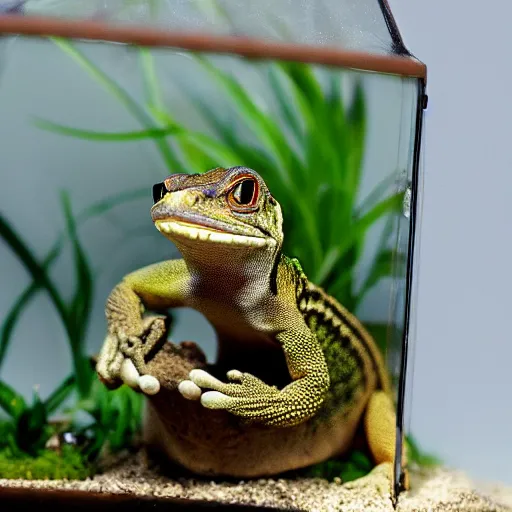Prompt: grinning gecko sitting inside a terrarium