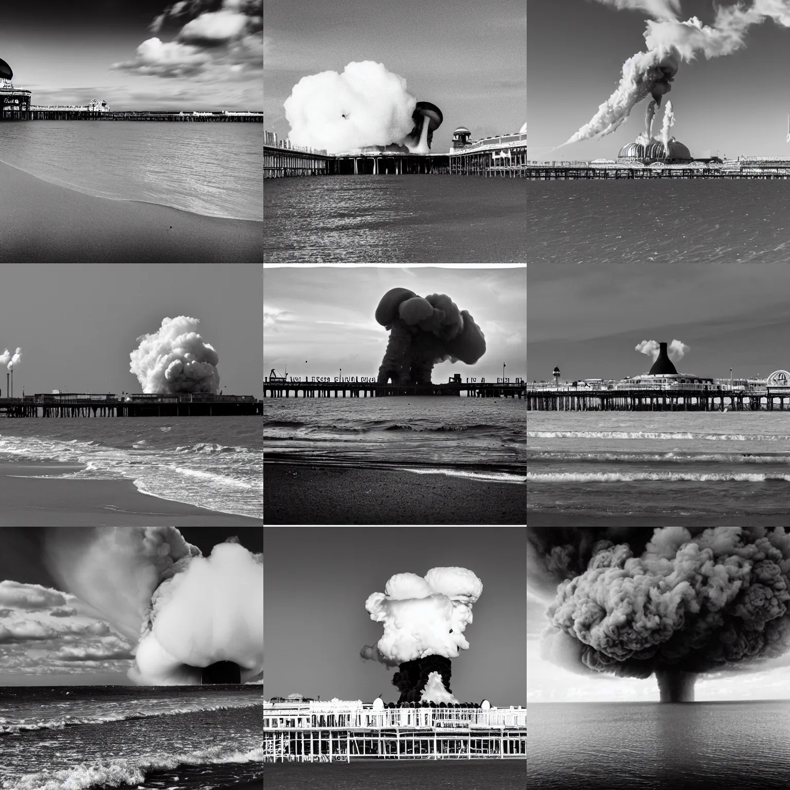 Prompt: Wide angle Black and white photo of a nuclear bomb explosion on Brighton Palace Pier. Huge mushroom cloud