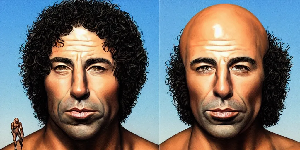 Image similar to Morph of Joe Rogan and Howard Stern in the style of Boris Vallejo, portrait, intricate, highly detailed, concept art, smooth, sharp focus