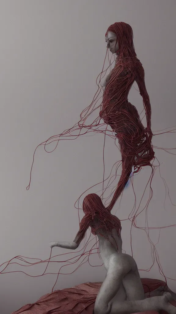 Image similar to rgb, woman, bedroom, cinematic, movie scene, inspired by zdzislaw beksinski, clothes made out of veins, cables everywhere, bedroom, ultra realistic, concept art, intricate details, highly detailed, photorealistic, octane render, 8 k