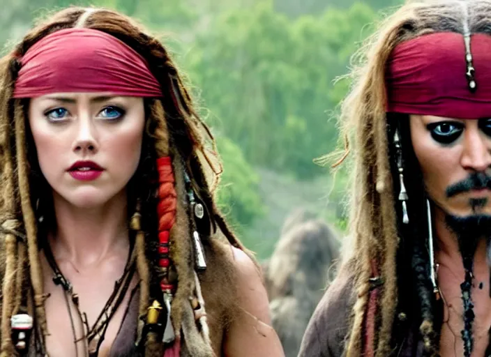 Image similar to film still of amber heard as captain jack sparrow in the new pirates of the carribean movie, 4 k