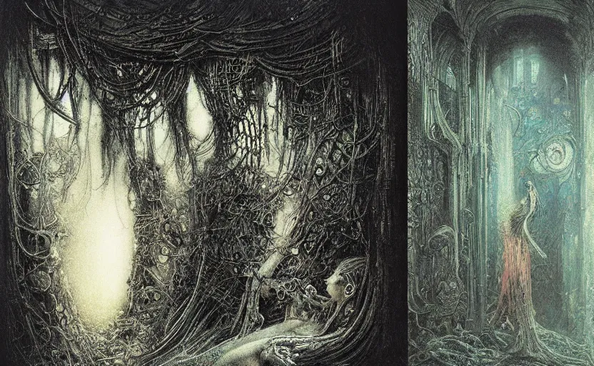 Image similar to cyberpunk dreaming by gustave dore and gustave moreau and beksinski and giger