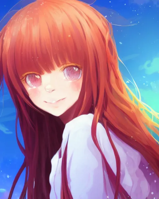 Prompt: happy cute teenage girl Portraits.Closeup of the pretty Anime girl's side face with her head slightly raised.Slightly curly Orange flowing hair .Shining highlights in Background.vivid color.digital 2D, painterly style, cinematic matte Illustration,trending on pixiv and artstation.Fine particles Red maple leaves fluttering in the air. anime wallpaper，Sunlight on the face.by Mika Pikazo，米山舞，Yoneyama Mai，Makoto Shinkai, VOFAN