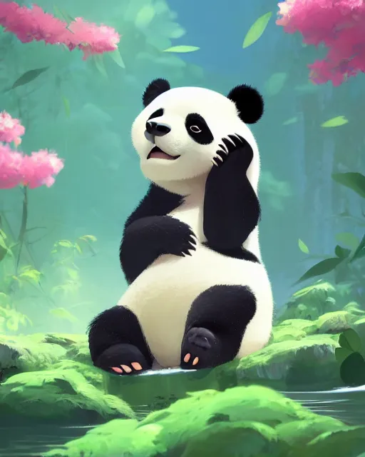 Image similar to a panda taking a bath in a spring with lush vegetation around, cory loftis, james gilleard, atey ghailan, makoto shinkai, goro fujita, character art, rim light, exquisite lighting, clear focus, very coherent, plain background, soft painting