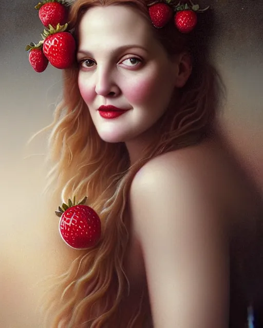 Image similar to beauty portrait, drew barrymore, strawberries, wild berries, by tom bagshaw, greg rutkowski, intricate background