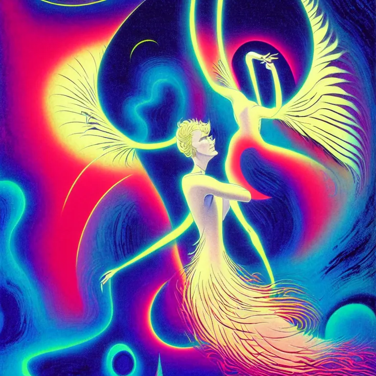 Prompt: androgynous angel radiating infinite psychic fractal waves, medium close - up, volcanic background, crescent moon, bright neon colors, highly detailed, hig resolution, cinematic, eyvind earle, tim white, philippe druillet, roger dean, lisa frank, aubrey beardsley, hiroo isono