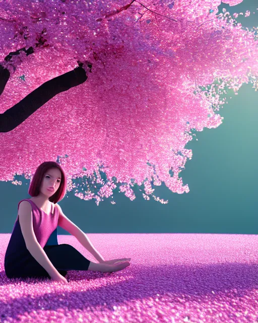 Image similar to a girl sitting in a cherry blossom tree, octane render, 3 d, 8 k