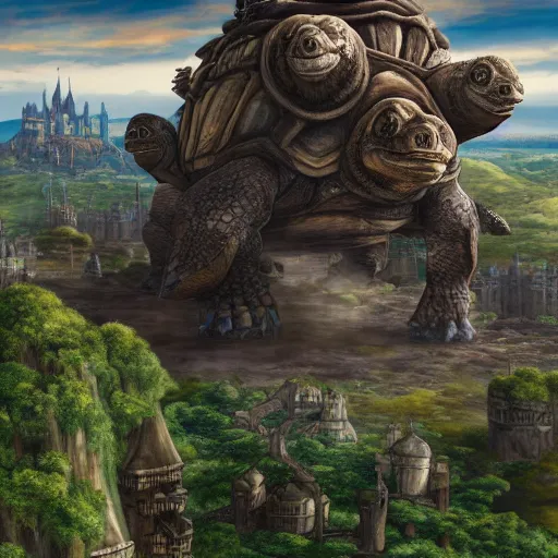 Prompt: giant tortoise walking with a large fantasy castle rising from the top of it, howls moving castle, mortal engines, distant shot birds eye view, fantasy, hyper detailed, 4 k,