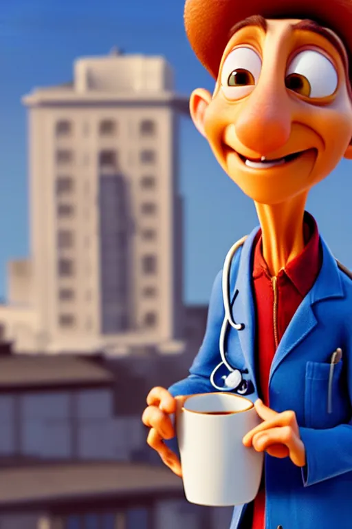 Image similar to portrait of a doctor holding a cup of coffee, hospital in background, full body. pixar disney 4 k 3 d render funny animation movie oscar winning trending on artstation and behance. ratatouille style.