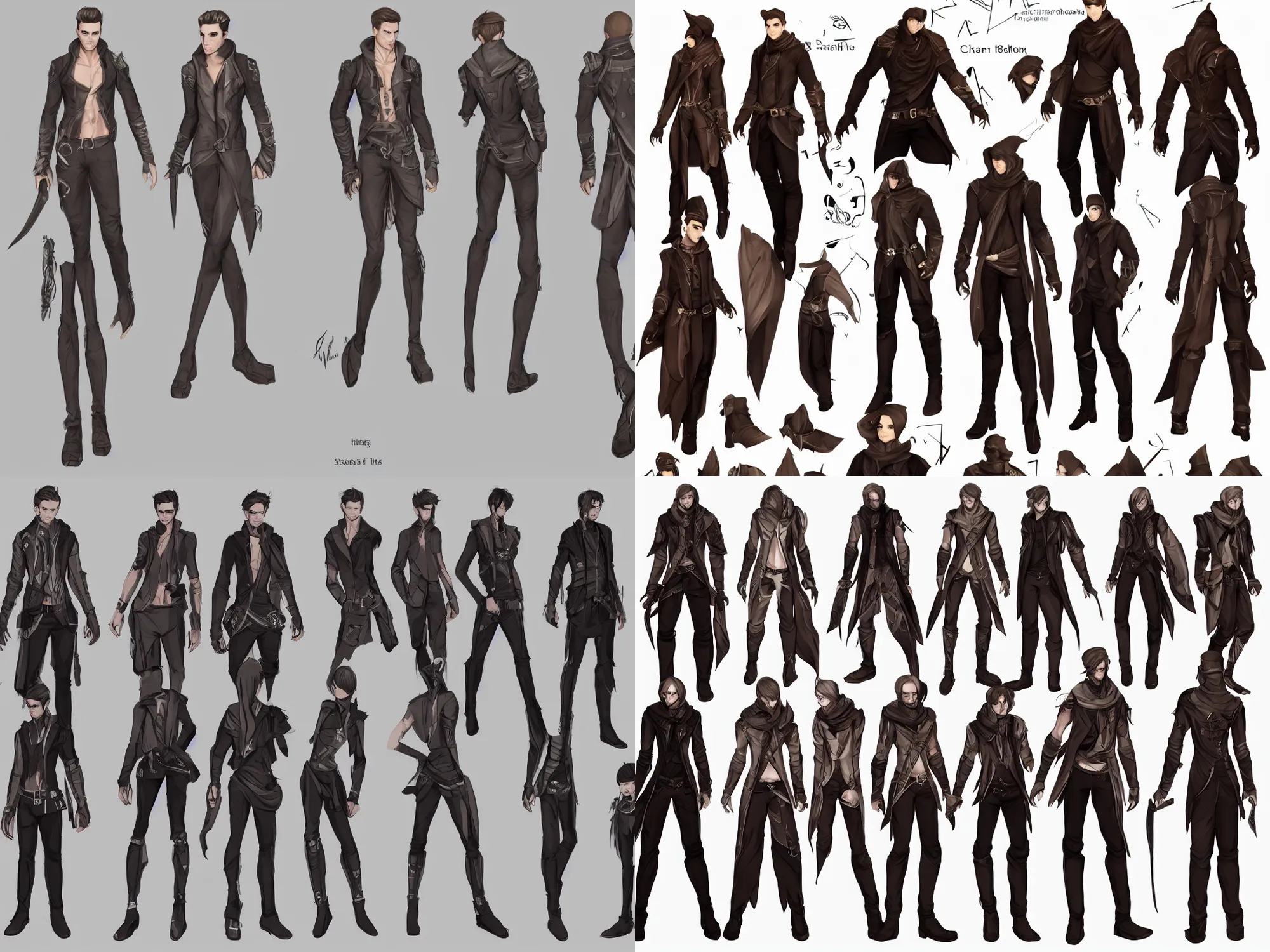 Prompt: fashion character reference sheet in high quality with ultra details, full body, male, game, assasin