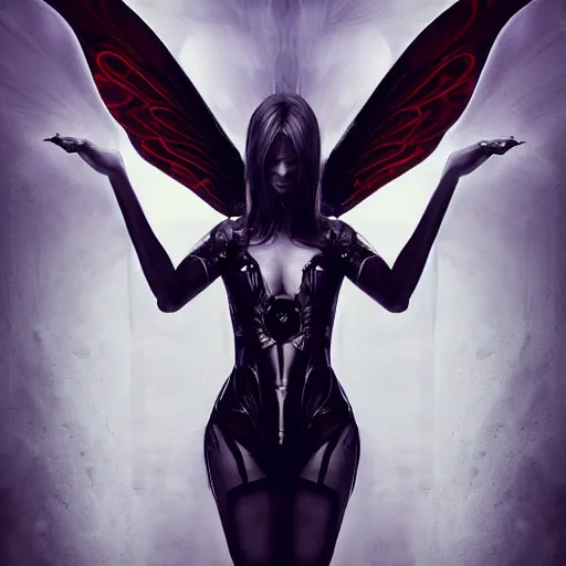 Prompt: a beautiful dark cyberpunk faerie with large wings in a dynamic pose, symmetrical face, art by Casimir, artgerm, Svetlana Belyaeva, Photorealistic, professional photo, Zeiss 50mm F 10, dynamic lighting, cinematic