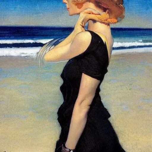 Image similar to woman on the beach, black dress, part leyendecker style, part dean cornwell style