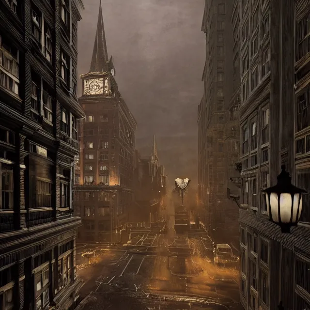 Prompt: action scene painting of a 1 9 2 0 s gothic style hotel in downtown boston, overlooking a dark street, architectural, atmospheric lighting, brooding, painted, intricate, ultra detailed, well composed, best on artstation, cgsociety, epic, horror, stunning, gorgeous, intricate detail, much wow, masterpiece, cinematic aesthetic octane render, 8 k hd resolution,