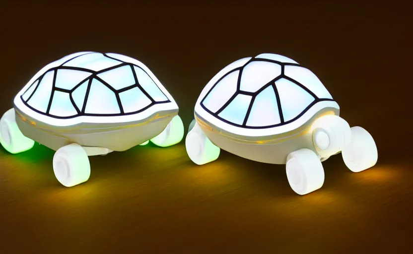 Image similar to artificial Intelligence turtle with its shell made out of modular-synth dials and knobs with a small AMOLED display, LED light accents, sleek design by apple, triple white colorway, modular-synth, VST, 4k, 33mm, high quality photo,