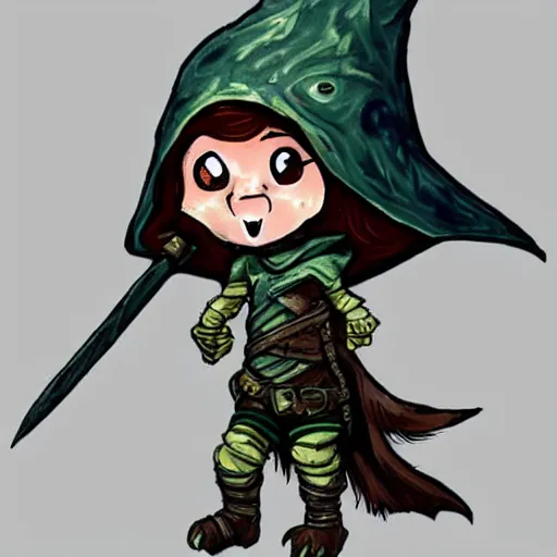 Prompt: cute tiny goblin girl wearing hunter armor from Bloodborne and a wizard hat, geeen skin, d&d, drawn by shadman