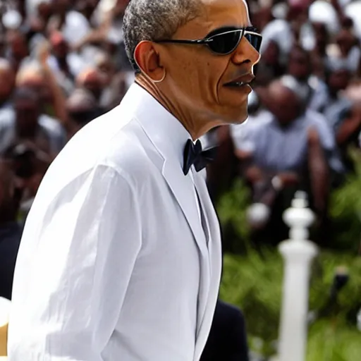 Prompt: obama in a white linen suit