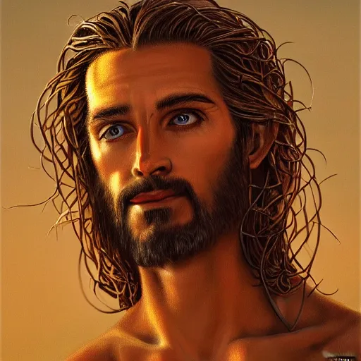 Image similar to portrait of jesus with the head of a lizard lizard lizard lizard lizard, surrealist, crown of thorns, cross, christianity, intricate, elegant, highly detailed, centered, grungy, digital painting, artstation, concept art, smooth, sharp focus, boris vallejo