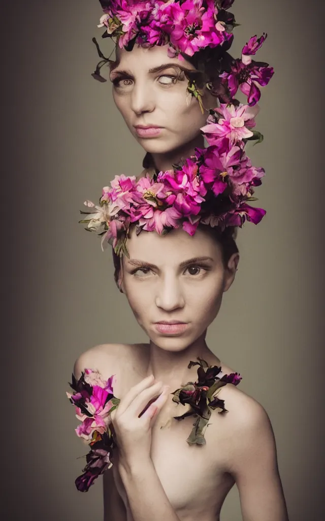 Image similar to flower adornment, creative studio portrait photography with wildly experimental and interesting lighting