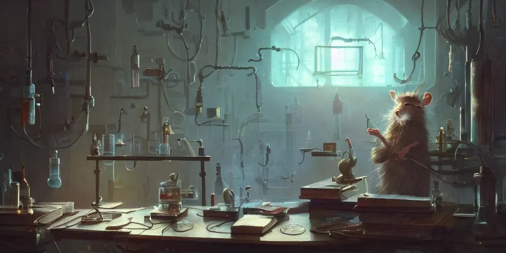 Image similar to humanoid rat in a laboratory sitting at a desk with lots of flasks filled with magic liquids and poisonous fog, stephen bliss, unreal engine, fantasy art by greg rutkowski, loish, rhads, ferdinand knab, ilya kuvshinov, rossdraws, tom bagshaw, global illumination, radiant soft light, detailed and intricate environment