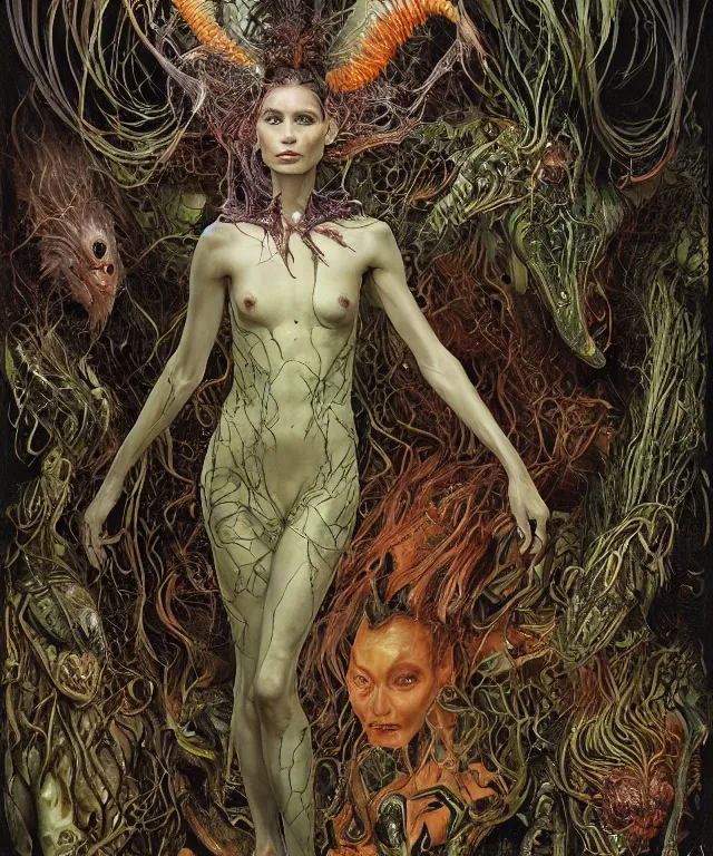 Prompt: a portrait photograph of a fierce rooney mara as an alien harpy queen with slimy amphibian skin. she is trying on evil bulbous slimy organic membrane fetish fashion and transforming into a fiery succubus insectoid amphibian. by donato giancola, walton ford, ernst haeckel, brian froud, hr giger. 8 k, cgsociety