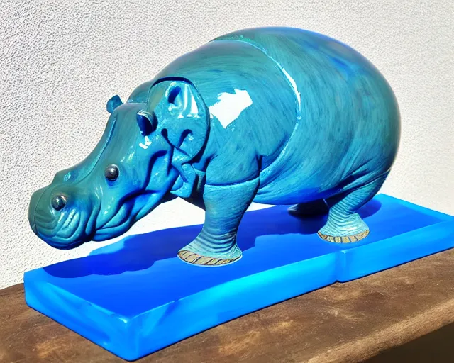 Image similar to a sculpture of hippo baby, bottom half wood carved, top half blue translucid resin epoxy, cubic blocks, side view centered, mixmedia, transparent,