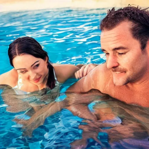 Prompt: photo of a 4 0 year old man that looks young for his age dating a very attractive 2 2 year old woman wearing a bikini. they are swimming.